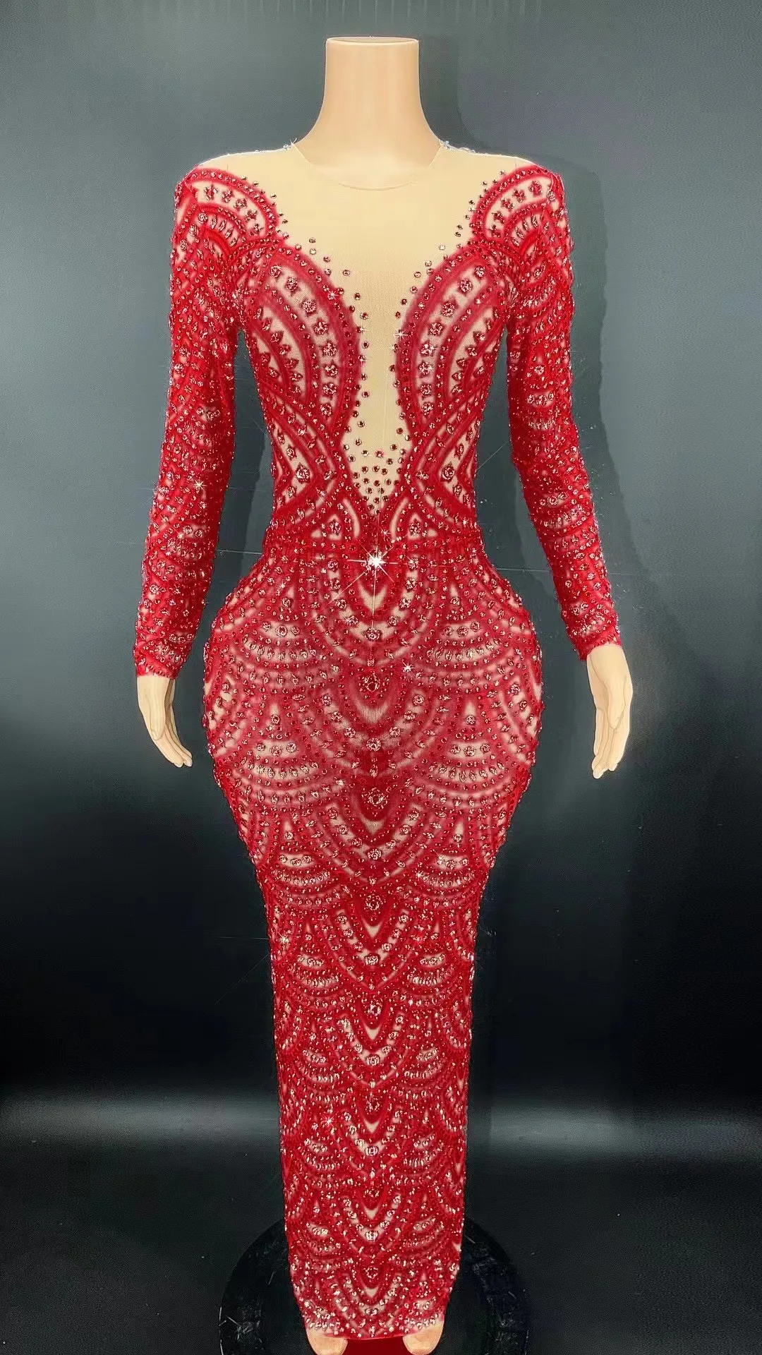 Sexy imprimé strass à manches longues Stretch serré longue robe De soirée robe De Festas robes De Fiesta Brillo robes De mariages