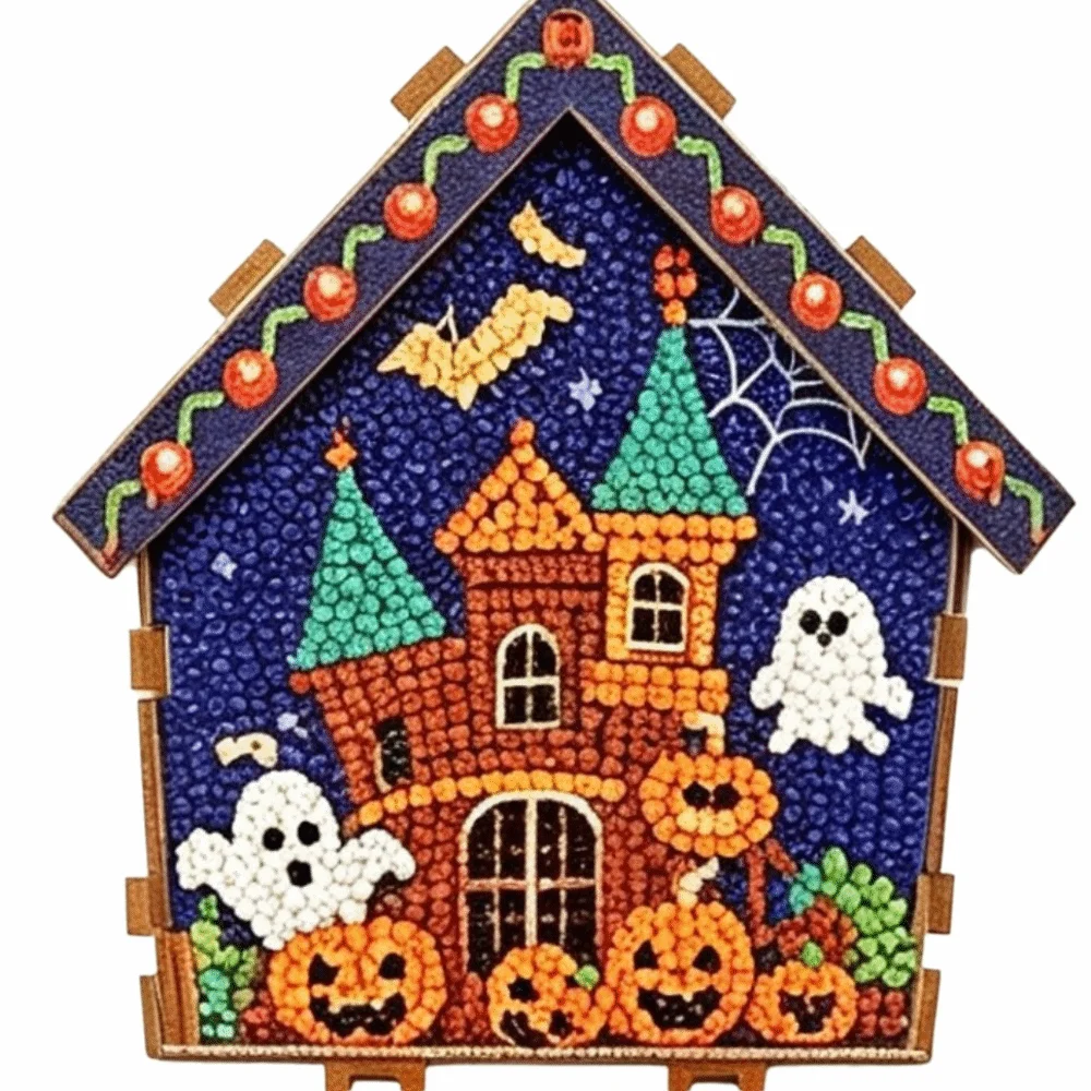 3D Wooden House Halloween Rhinestone Painting Kit Spooky Cute DIY Craft Kit Ghost Pumpkin Pattern Pearl Art Handmade Craft Set