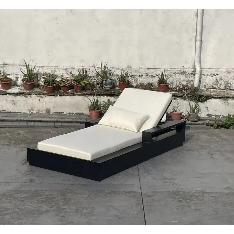 كراسي استلقاء خارجية فاخرة من الألومنيوم، كراسي استلقاء جانبية لحمام السباحة، مسند ذراع عريض معدني #3