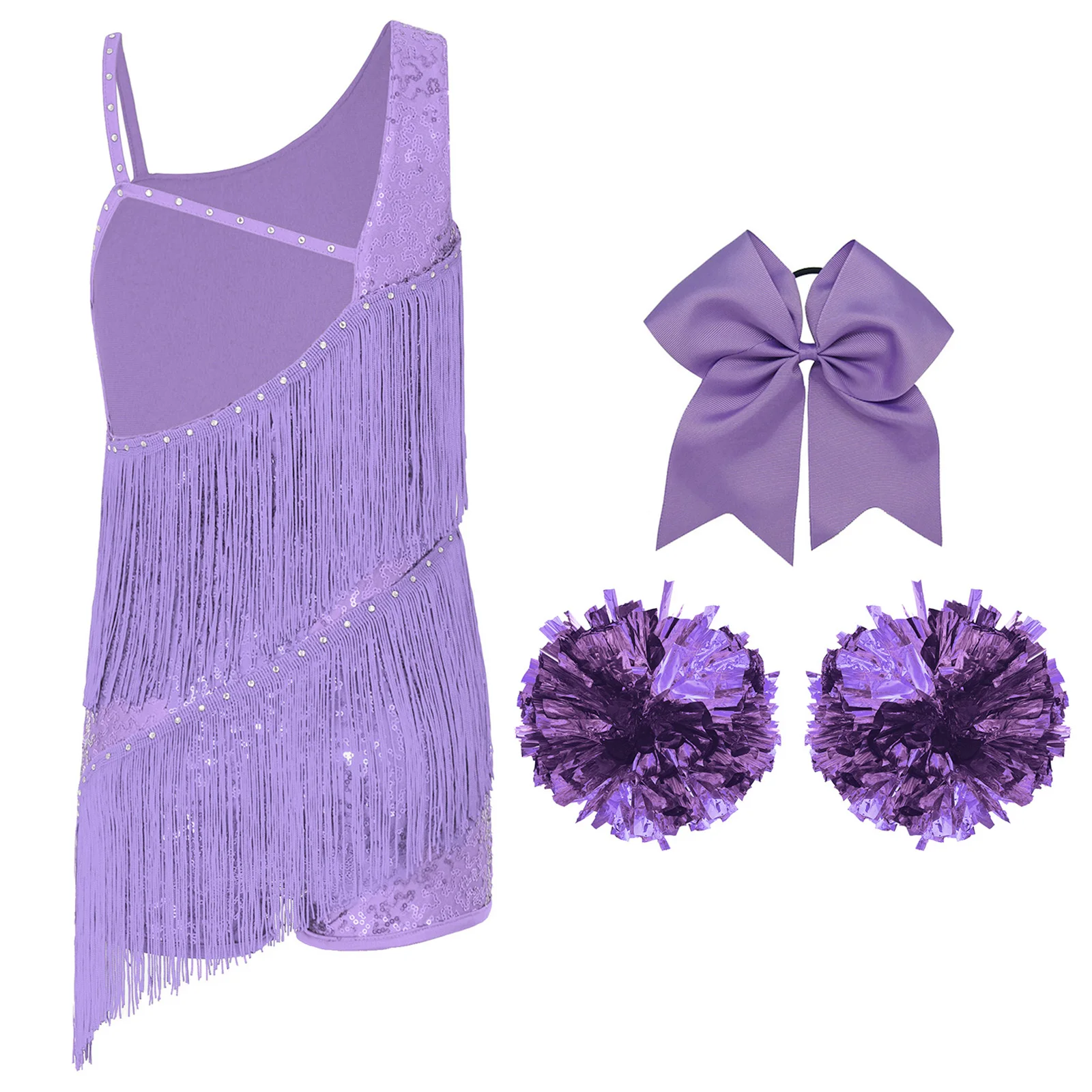 Kids Girls Cheerleading Dance Outfit Cheer Leader Leotards Sleeveless Tassels Sequin Bodysuits Dress with Hair Band Flower Balls