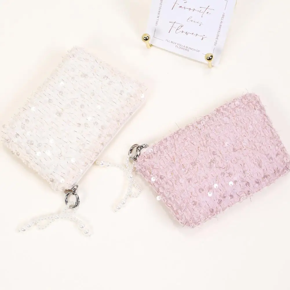 Portable Cosmetic Bag Sequined Cosmetic Bag with Faux Pearl Bow Stylish Glittery Makeup Clutch Portable Travel for Women
