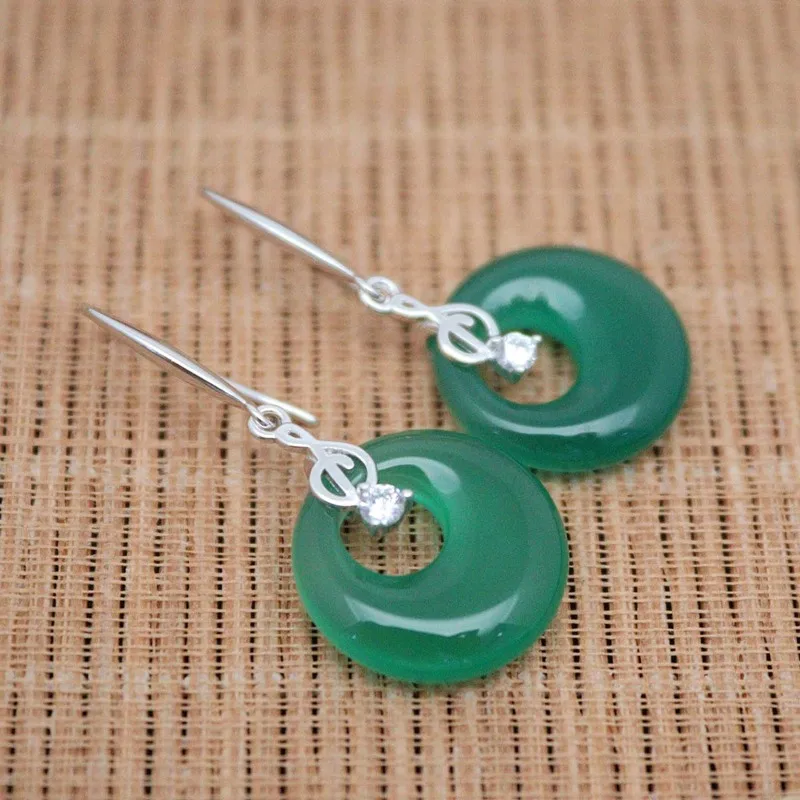 

Real Solid 925 Sterling Silver Dangle Women Green Chalcedony Zircon Round Circle Earrings