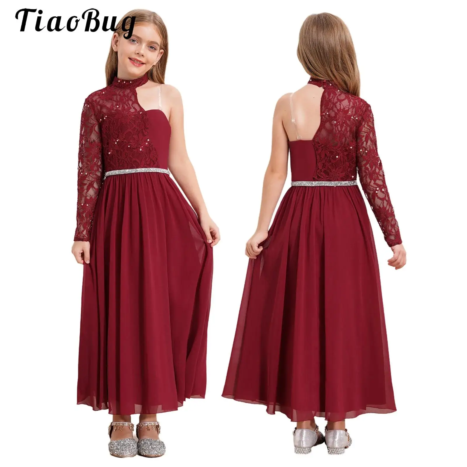 

One Shoulder Girls Party Dress Elegant Lace Embroidery Party Gown Chiffon Sequins Bridesmaid Wedding Formal Evening Long Dress