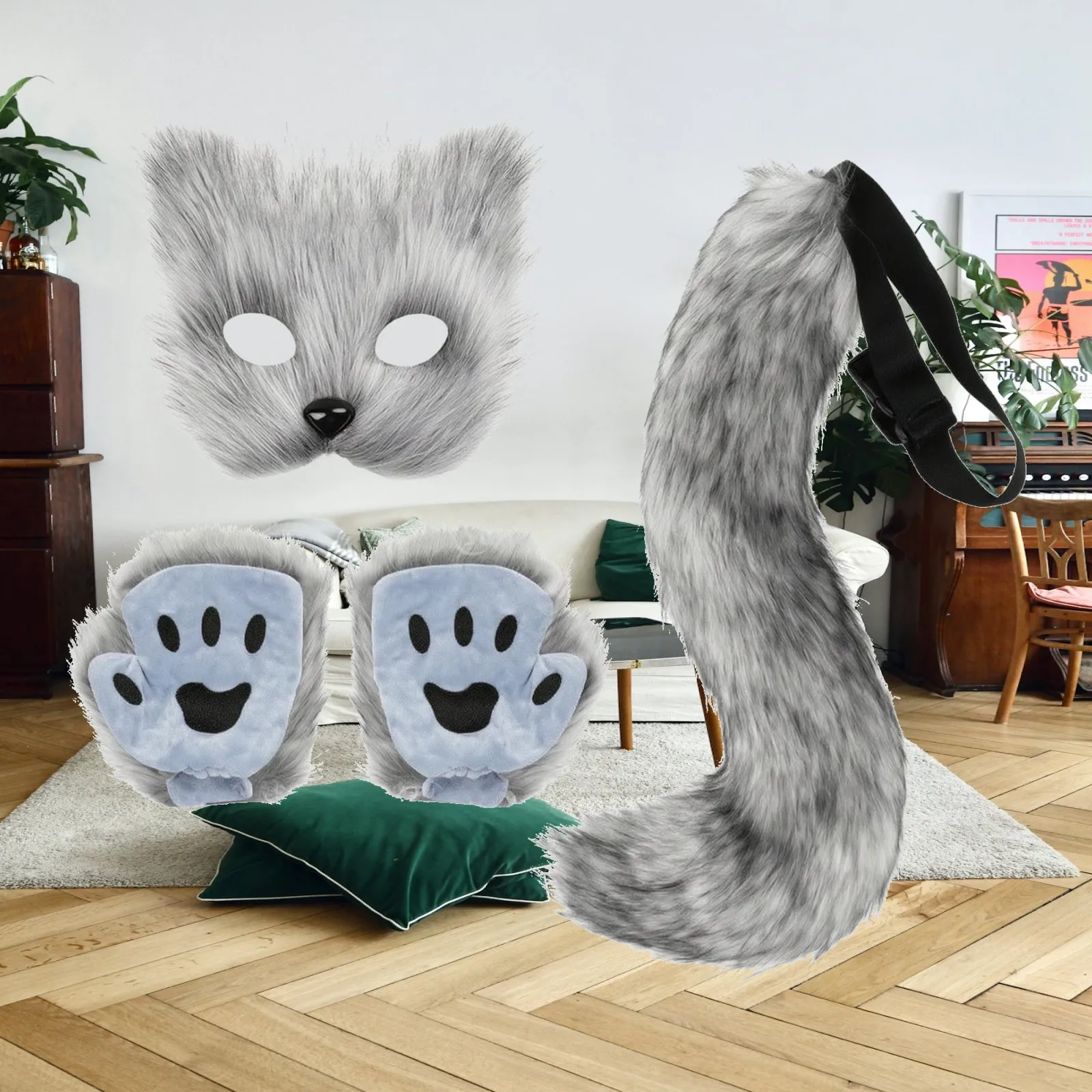 Soft Fabric Mask Fursuit Style Cat Costume Kit with Paws Tail for Stage Performance Fancy Dress Up Event