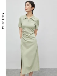 SENTUBILA Summer Polo Collar Folds Short Sleeve Dress 2024 Side Split Comfort Slim A-line Midi Dresses Woman Clothing 142L54627