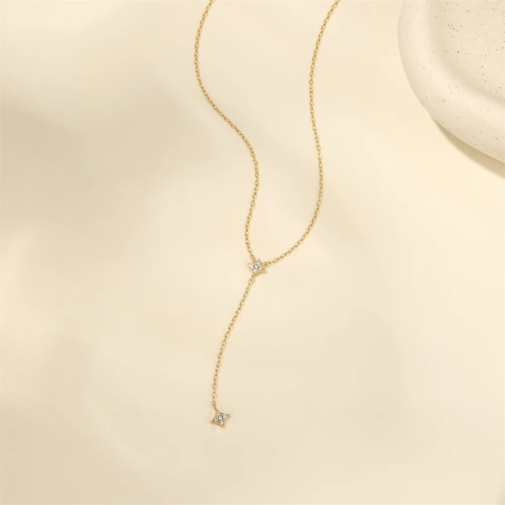 Aide S925 Sterling Silver Golden Four-pointed Star Diamond Y-shaped Necklace Luxury Fine Jewelry Suitable As Gift For Women
