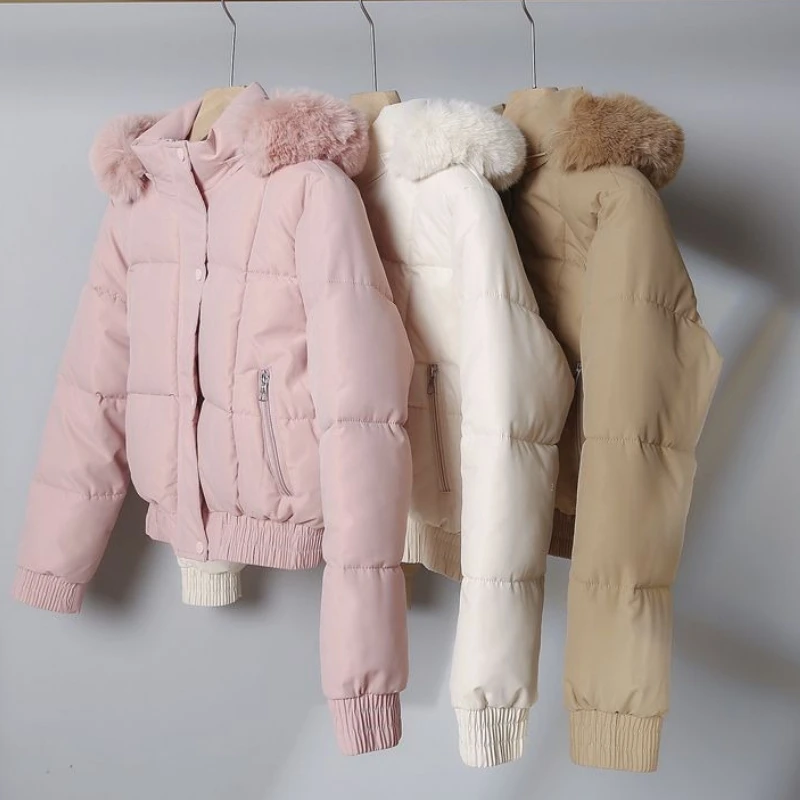 

Trendy Winter Fleece Lined Warm Cropped Jacket Women Fur Collar Hooded Cotton Coat Parka Quilted Long Sleeve Windproof Outerwear