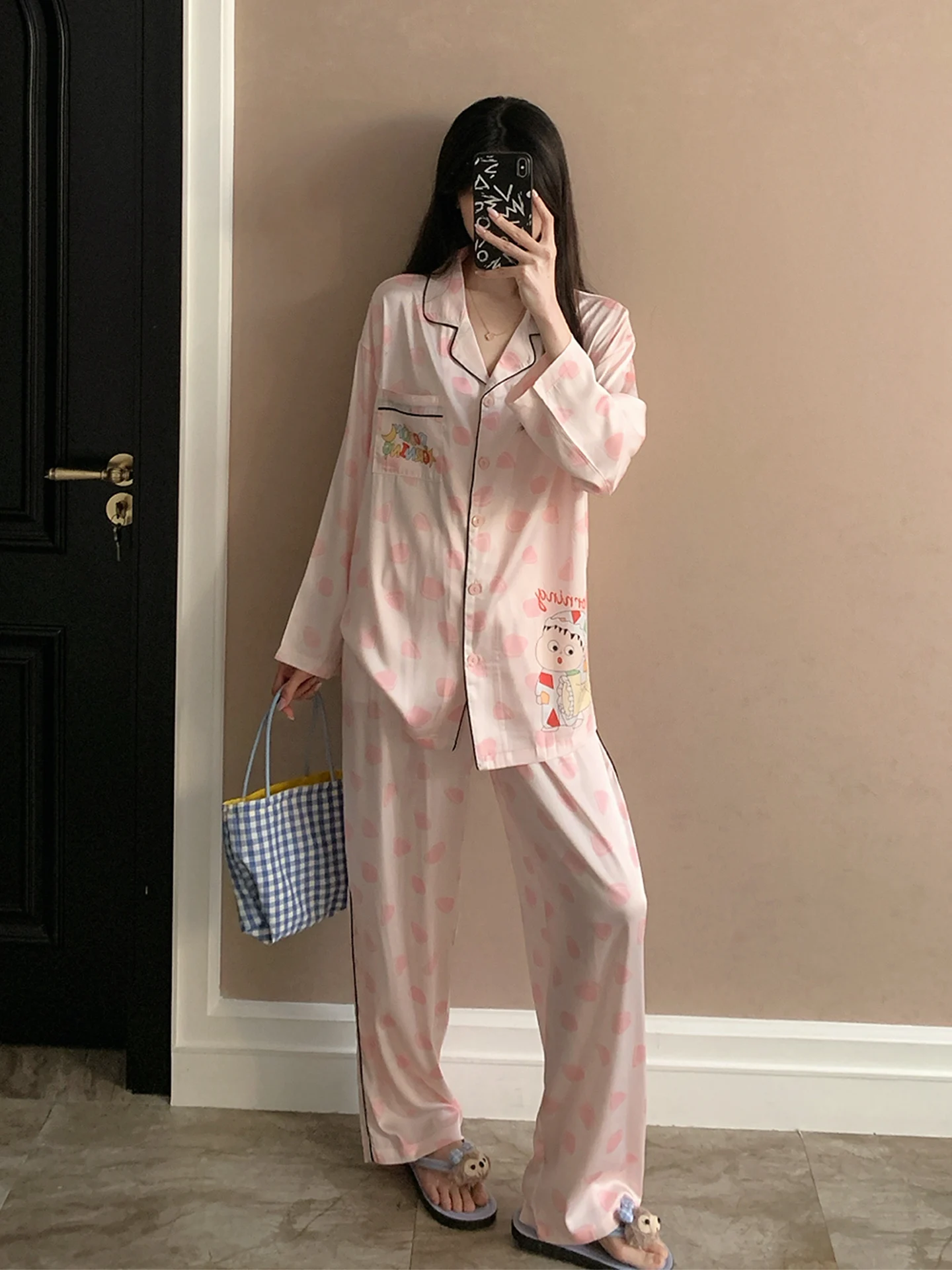 women's-sleepwear-long-sleeve-ice-silk-cardigan-home-clothes-spring-autumn-seasonal-outerwear-suitable-for-youth-plus-size