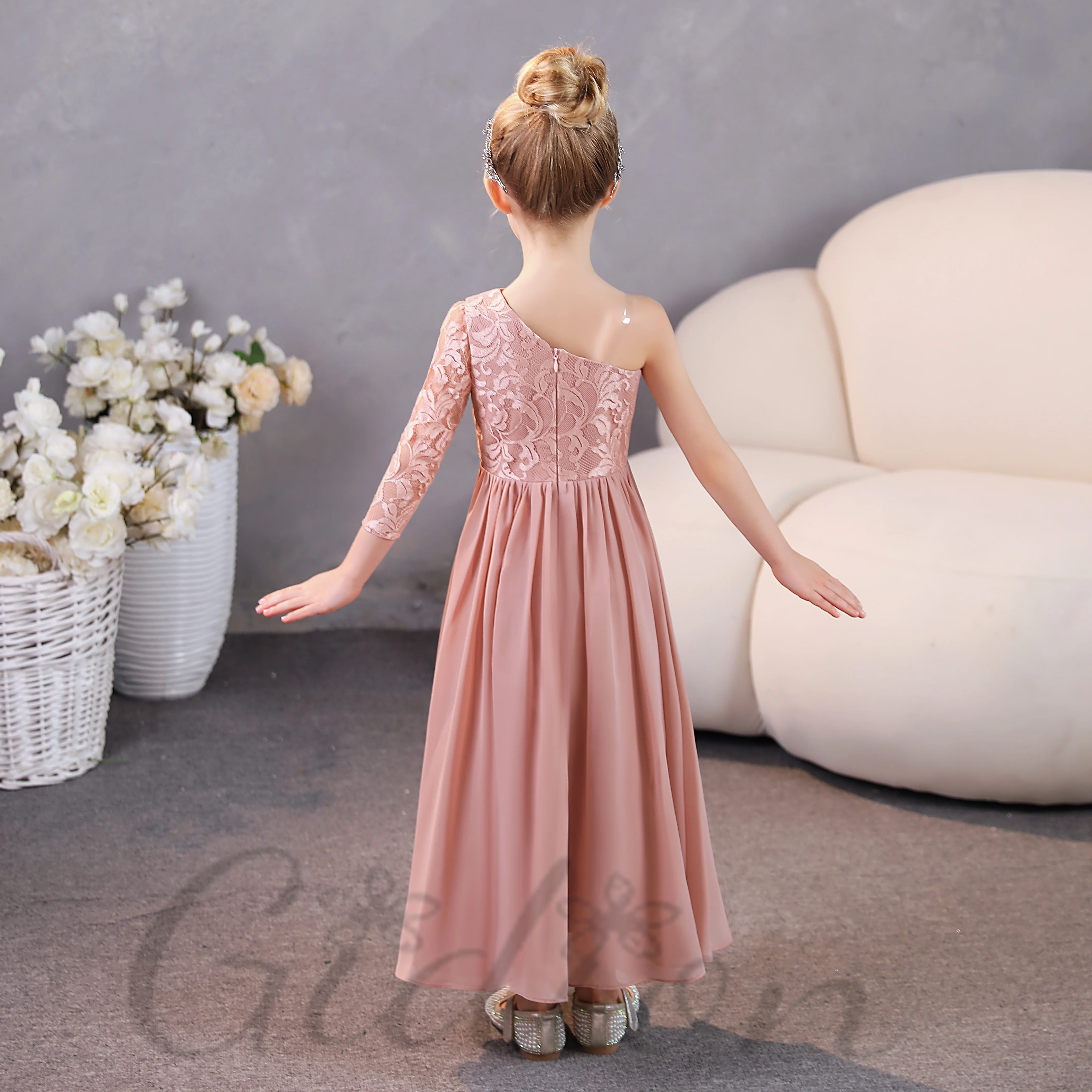 One-Shoulder Chiffon Junior Bruidsmeisje Jurk Voor Kinderen Bruiloft Prom Night Party Avondjurk-Balfeest Banketevenement