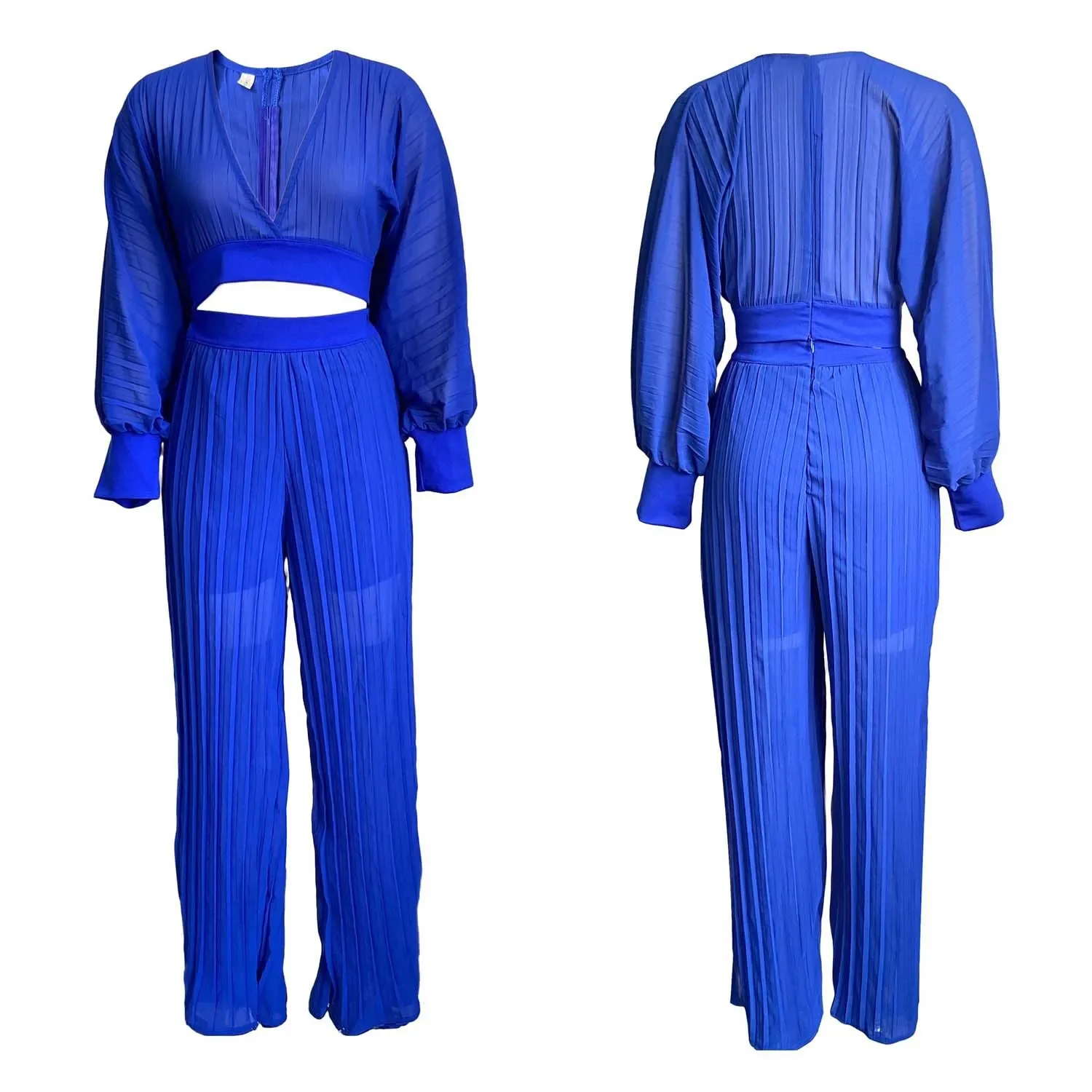 Chiffon Two Piece Set Women Outfits Fashion Pleated Long Sleeve V Neck Crop Tops Wide Leg Pants Suit Casual 2 Piece Set Black