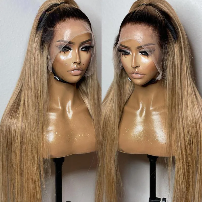 Soft Long Ombre Blonde Glueless 180Density 26Inch Silky Straight Deep Lace Front Wig For Women With Baby Hair Preplucked Daily