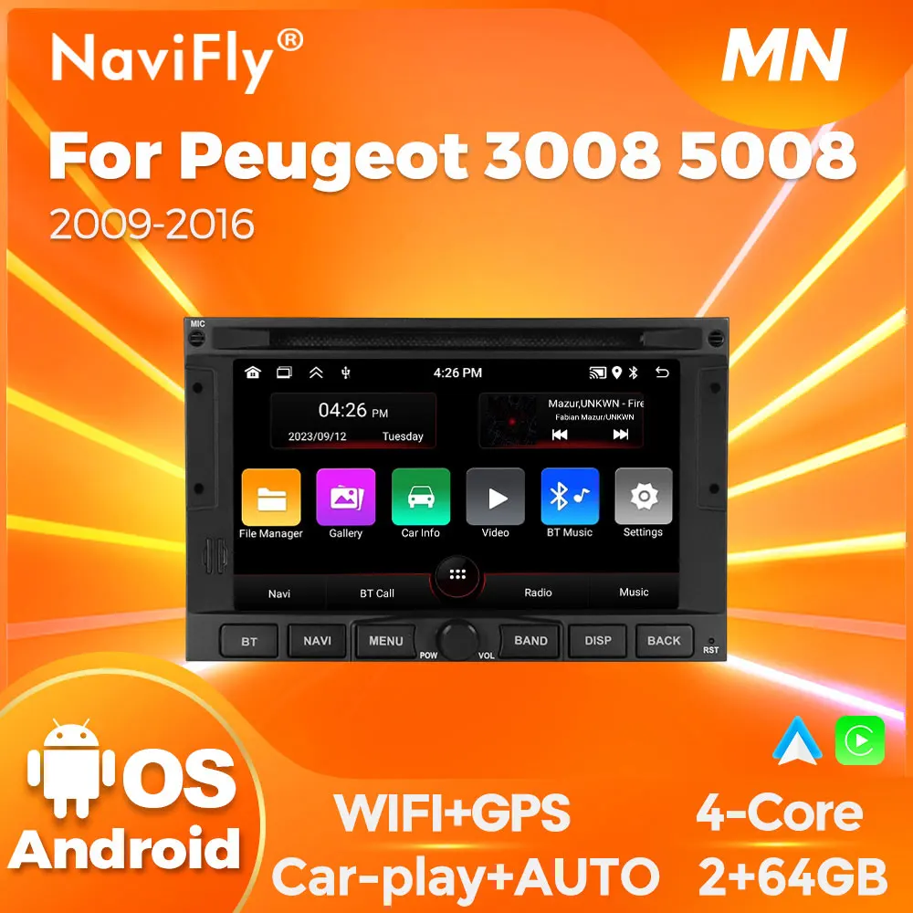 Navifly 2 DIN Wireless Carplay Android Auto Car Radio For Peugeot 3008 5008 2009-2016 GPS Navigation Multimedia Video Player FM