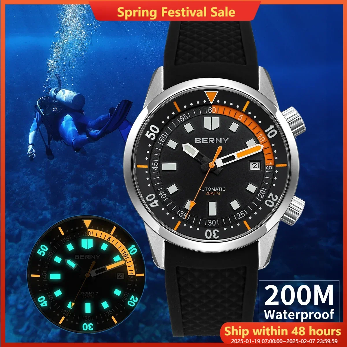 BERNY Men's Dive Watches 200M Waterproof Super Luminous Automatic Mechanical Diver Watch 42mm Sapphire Swim Diving Wristwatch