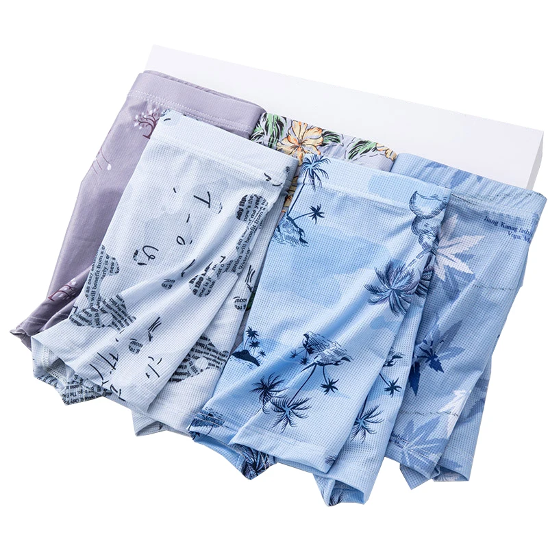 5pcs/set Ice Silk Men\'s Underwear Sexy Soft Men Underpant Print Boxer Shorts Men\'s Breathable Flat Corner Pants Plus Size L-6XL