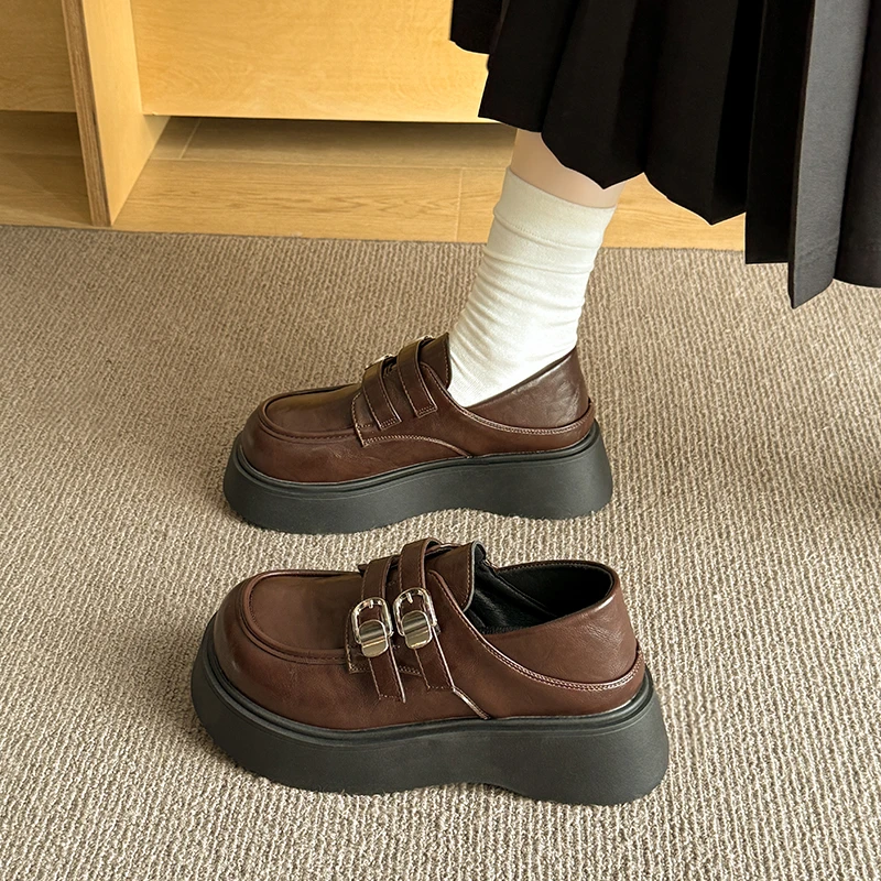 

Женские туфли на толстой подошве в стиле панкейк, с круглым носком, на пуговицах, модные, универсальные, удобные, нескользящие, дышащие