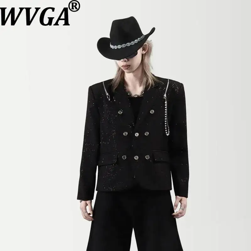 WVGA Spring Autumn New Men Double-Breasted Chain Trendy Long Sleeved Blazer Niche Chic Casual Starry Pattern Short Jacket W26289