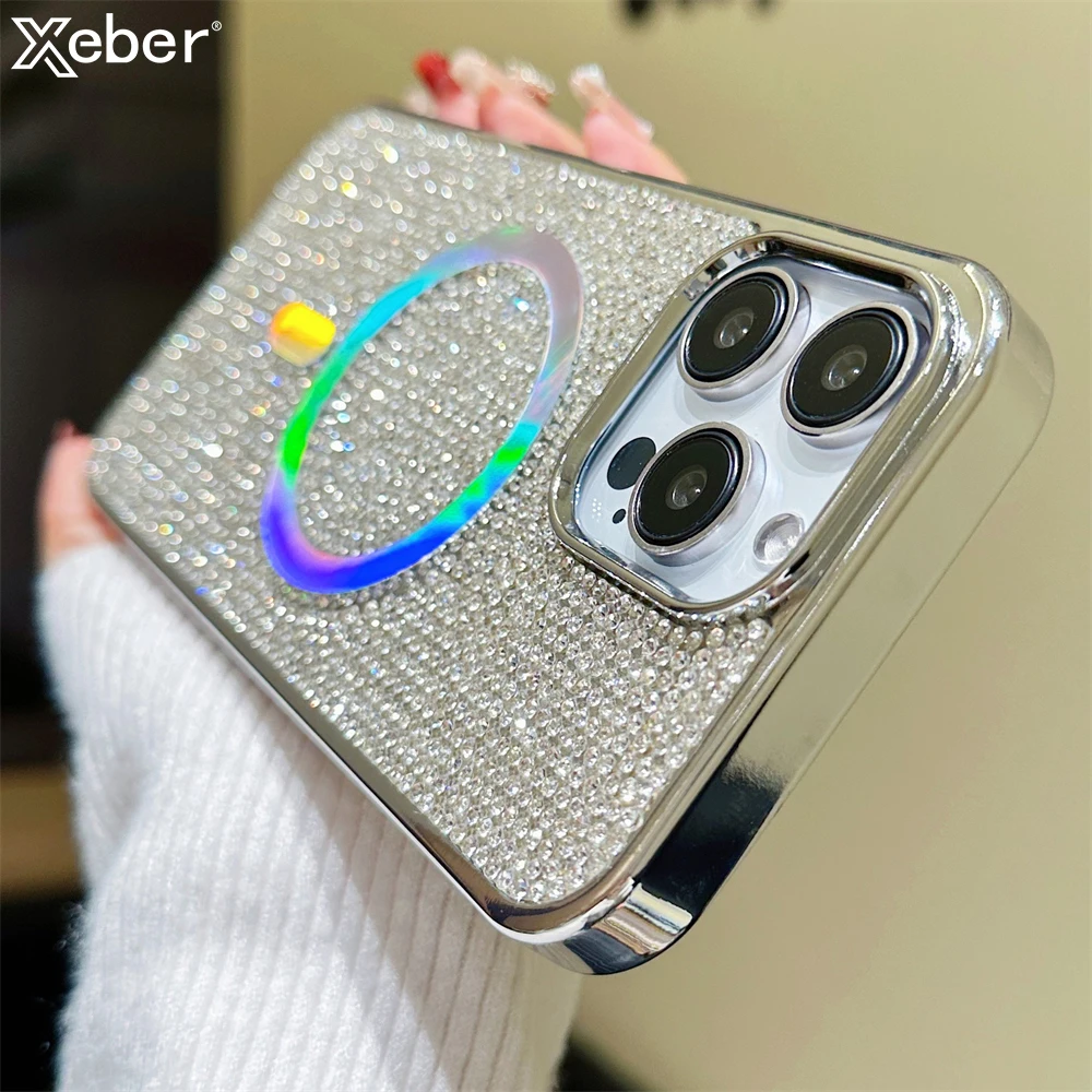 

Магнитный чехол с лазерным блеском и стразами для Magsafe для iPhone 16, 15, 12, 13, 14 Pro Max Plus с зарядным покрытием