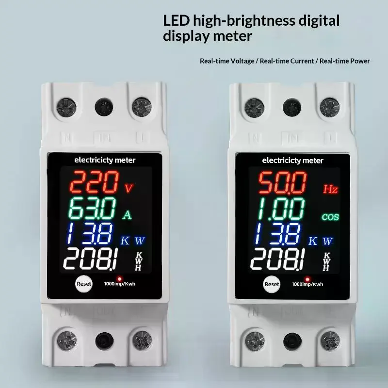 Energy Meter Digital Din Rail Electricity Usage Monitor AC30-400V Voltmeter Ammeter Watt Kwh Frequency Power Meter