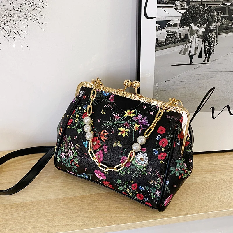 Vintage Colorful Flower Print Evening Bags For Women Fashion Small Seashell Clutches Handbags Prom Party Shoulder Bag Crossbody