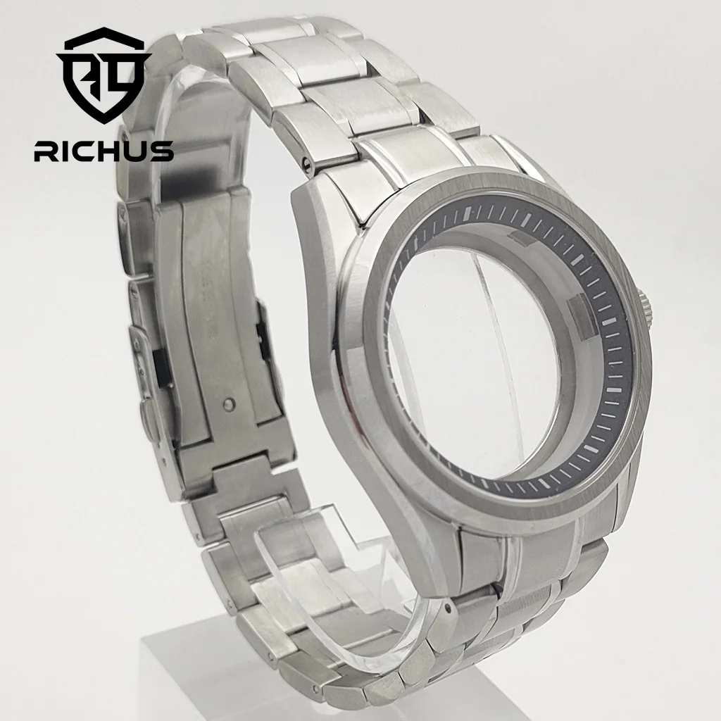 Caja de reloj RICHUS NH35 de 40mm plateada con correa de cristal de zafiro compatible con movimiento NH34 NH35 NH36