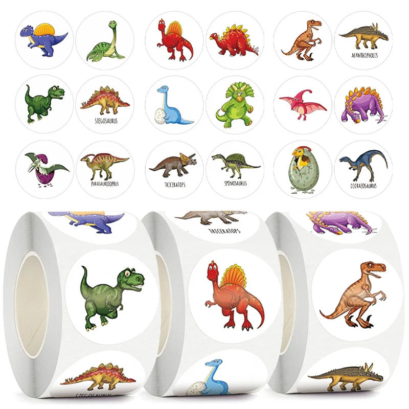 

100-500pcs 1'' Round Dinosaur Stickers for Kids Teacher Reward Stickers School Supplies Animal Incentive Roll Sticker for Home
