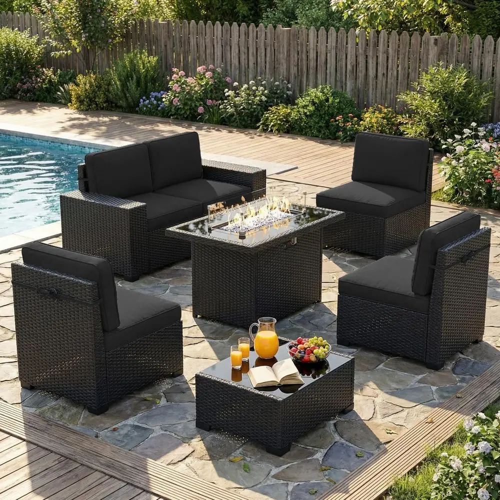 

7 Pieces Outdoor Patio Furniture Set with 44 Fire Pit Table Rattan Sectional Sofa Conversation Sets