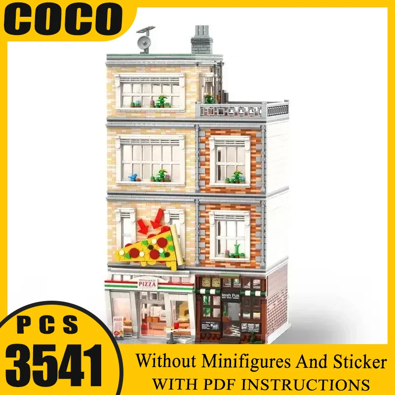 

Urban Street View Moc Building Blocks Irish Pub and Pizza Station Model Technology Modular Gift Christmas Toy DIY Sets Assembly