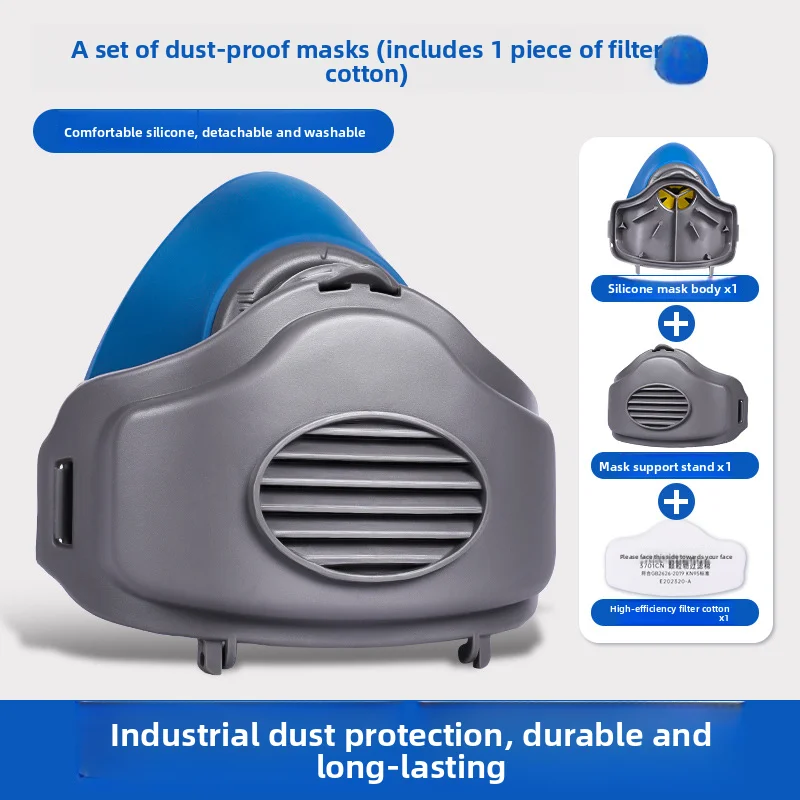 Silicone dust mask for industrial dust, coal mining, and pesticide spraying; includes eye protection for grinding tasks.