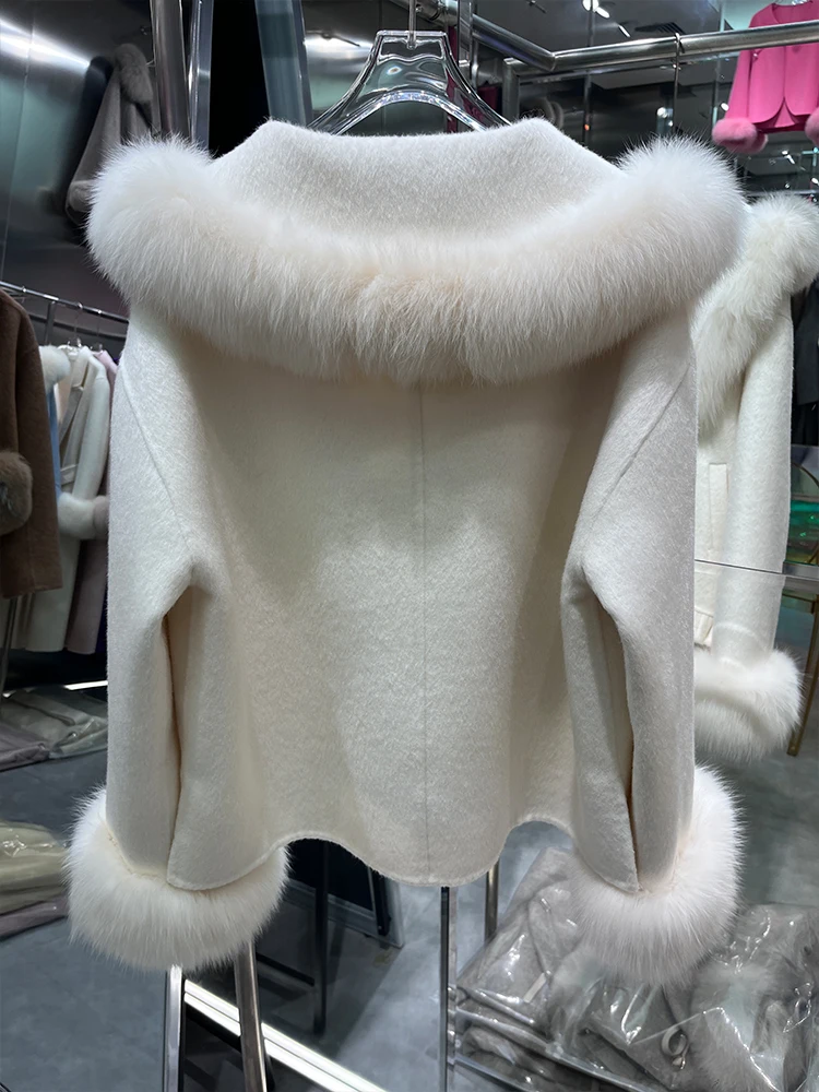 2024 neue Frauen Echt Fox Pelz Kaschmir Wolle Woolen Mantel Winter Jacke Natürliche Fuchs Pelz Kragen Damen Oberbekleidung Streetwear