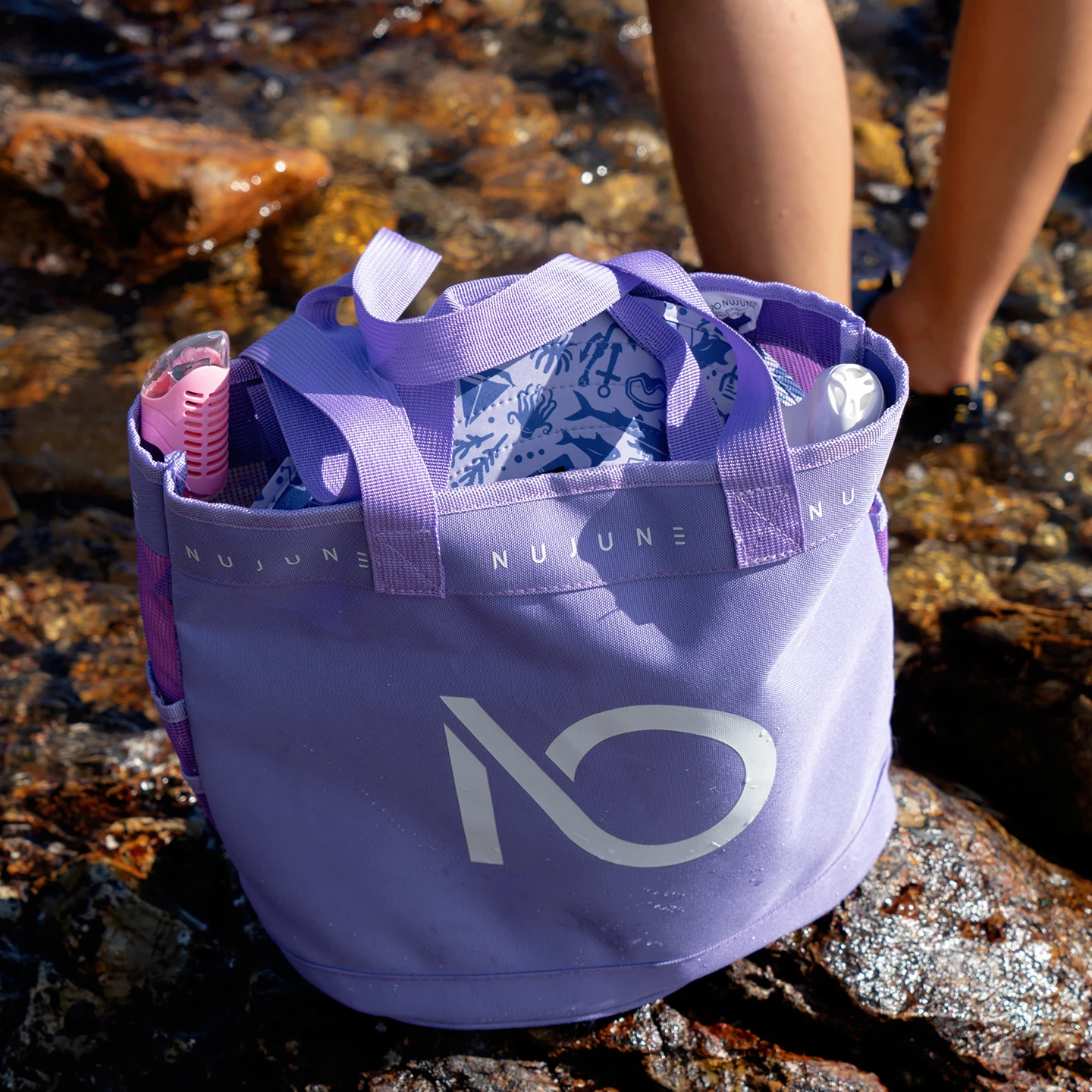 Nu-June Swimming Mesh Breathable Handbag Outdoor Portable Beach Tote Handbag Gym Shower Make up Shopping Bag with Travel