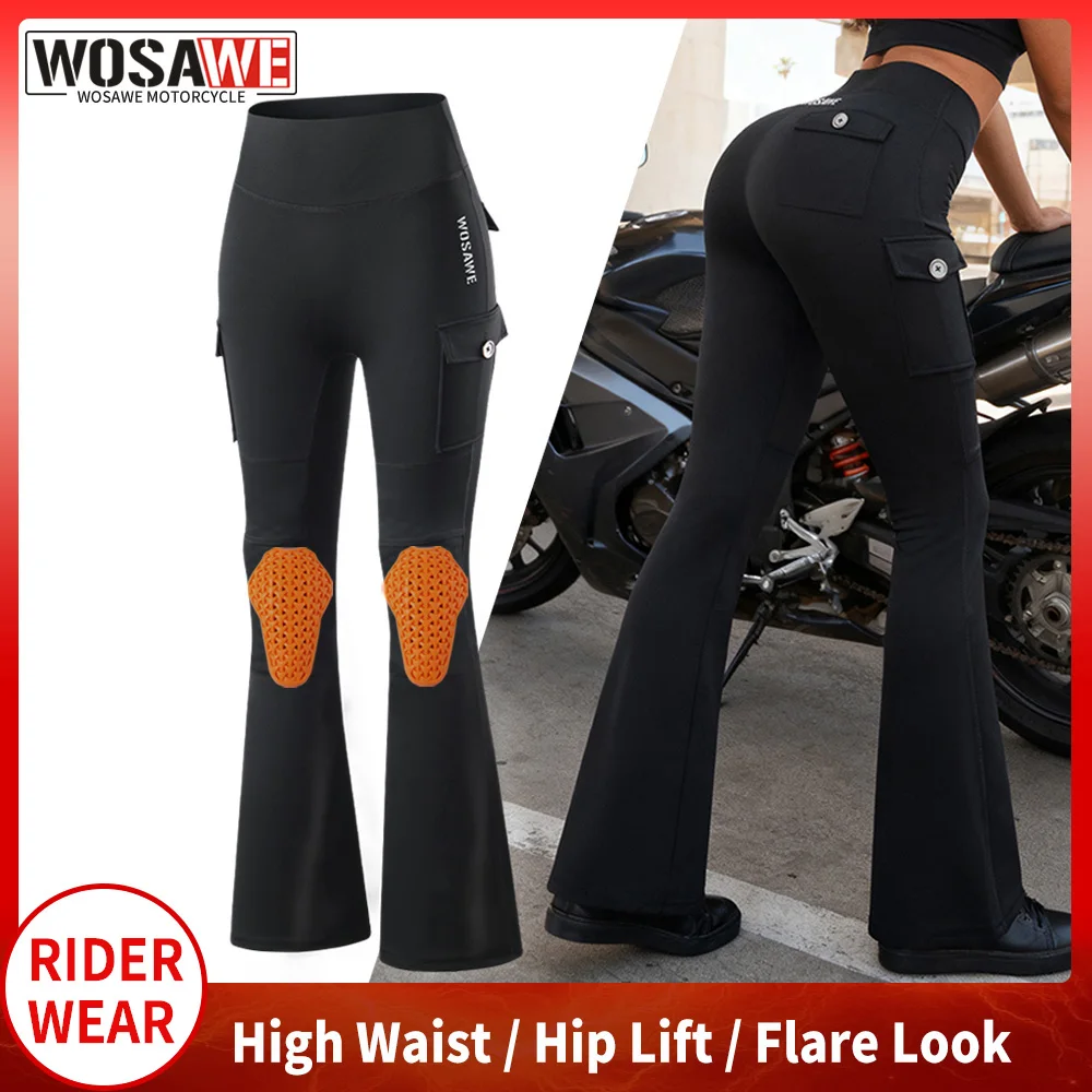 WOSAWE Women Motorcycle Flare Pants Bootcut Trousers with Removable Knee Pads Moto Fashion Streetwear Yoga Gym Lift Hip Pants