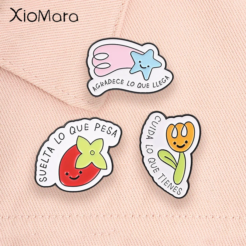 Spanish Positive Quote Enamel Pins CUIDA LO QUE TIENES Cute Tulip Carambola Cartoon Fruit Brooches Lapel Badge Jewelry Gifts