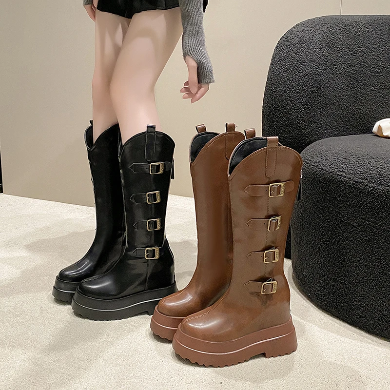 Women Platform Knee High Boots Autumn Winter Buckle Chunky Motorcycle Shoes Woman New Long Boots Leather Punk High Heels 11CM