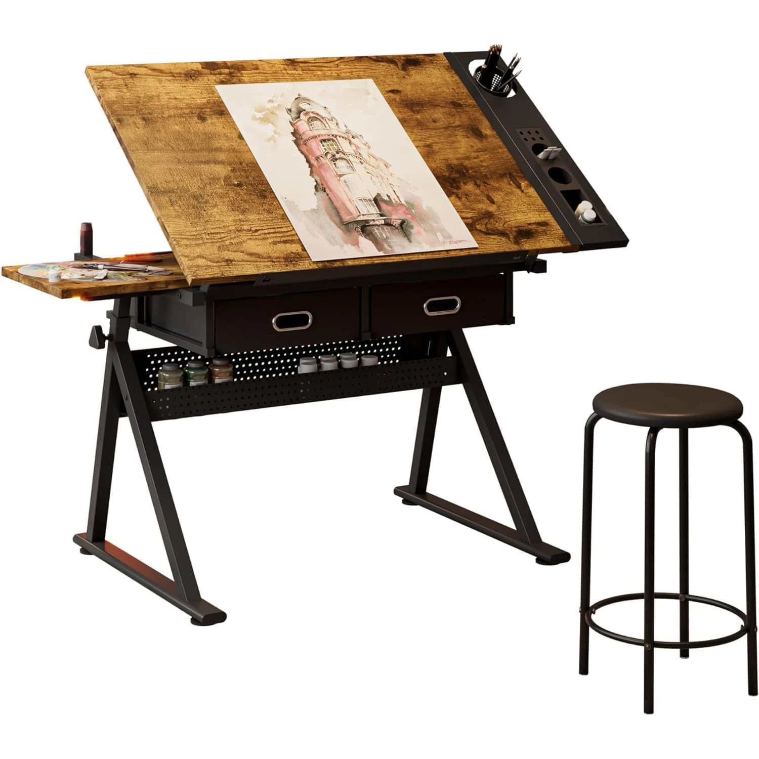 Height Adjustable Drafting Table with Stool, 0-75° Tilting Drawing Desk Artist Desk with 2 Storage Drawers, Watercolor Art Workstation for Home Office Drawing, Painting, Crafting, Writing, Sketching