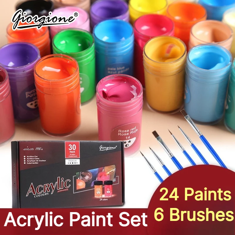 24 Colors Acrylic Paint Set 25ml with Brushes Waterproof Pigment for Canvas Wall Rock Wood DIY Handicraft Painting Art Supplies