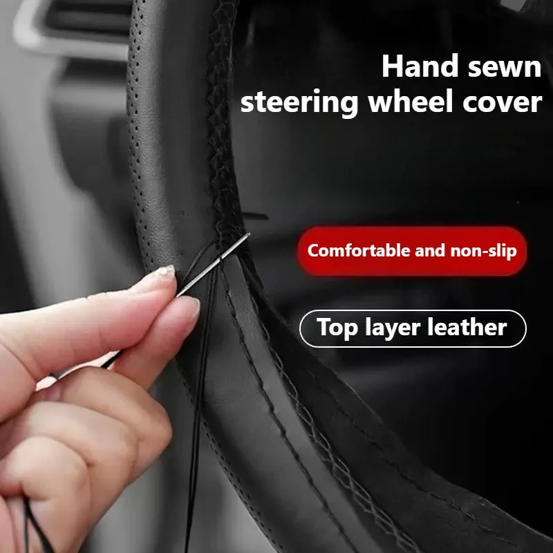 Genuine Leather Hand Sewn Steering Wheel Cover Universal DIY Sewing Car Steering Wheel Wrap Car Accessories 38CM Steering Covers
