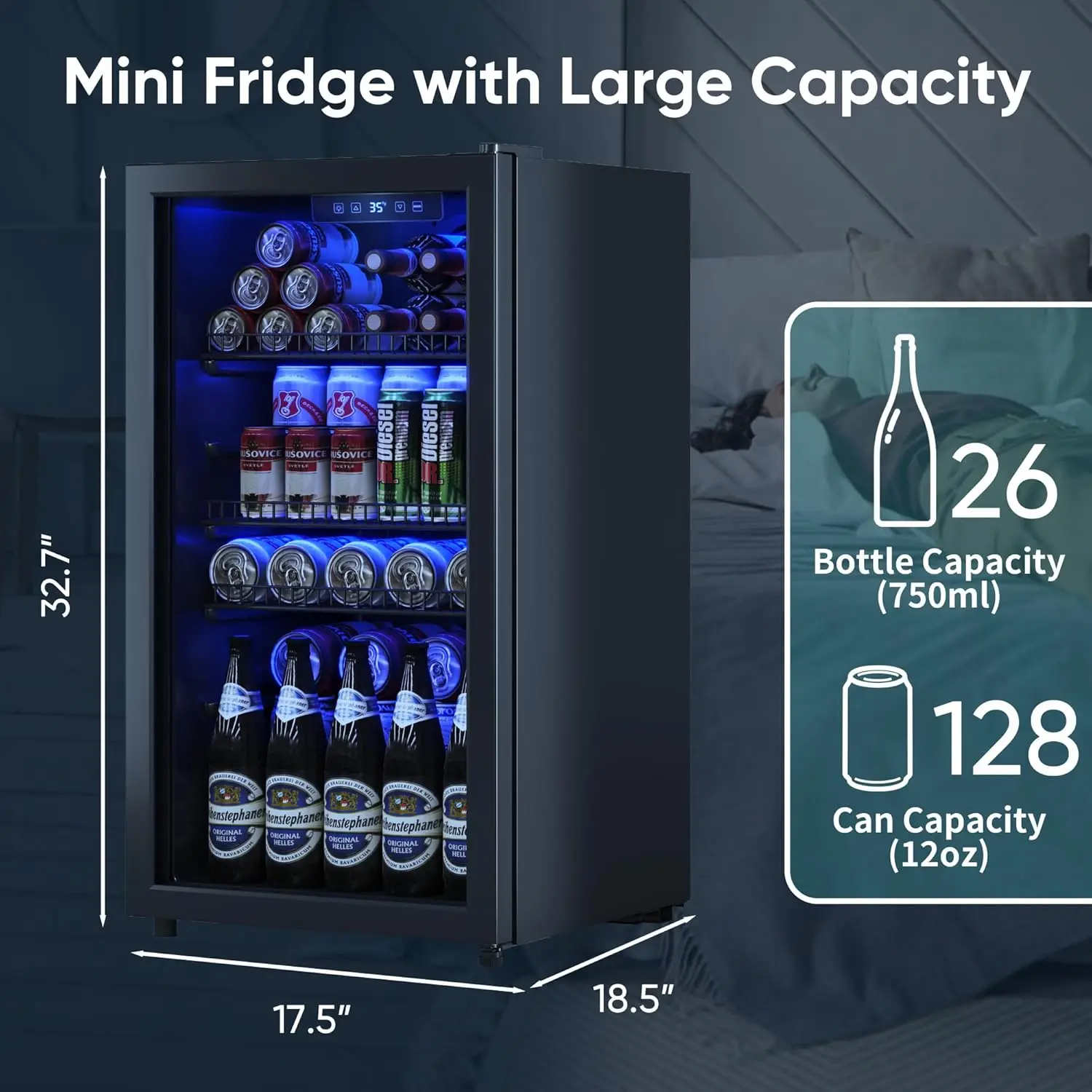 3.2 Cu.Ft Beverage Fridge, Mini Fridge With Glass Door, Beverage Cooler Refrigerator, Wine Drink Beer Fridge, Adjustable Shelves