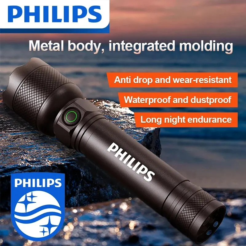 Philips-linterna LED con batería recargable USB 18650, 4 modos de iluminación, resistente al agua, para acampar al aire libre, autodefensa