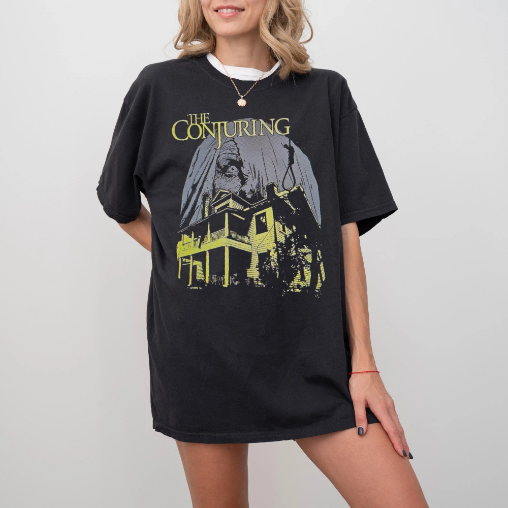 The Conjuring Retro Horror Pattern T-shirt, Haunted House Theme, Unisex Pure Cotton Streetwear y2k top