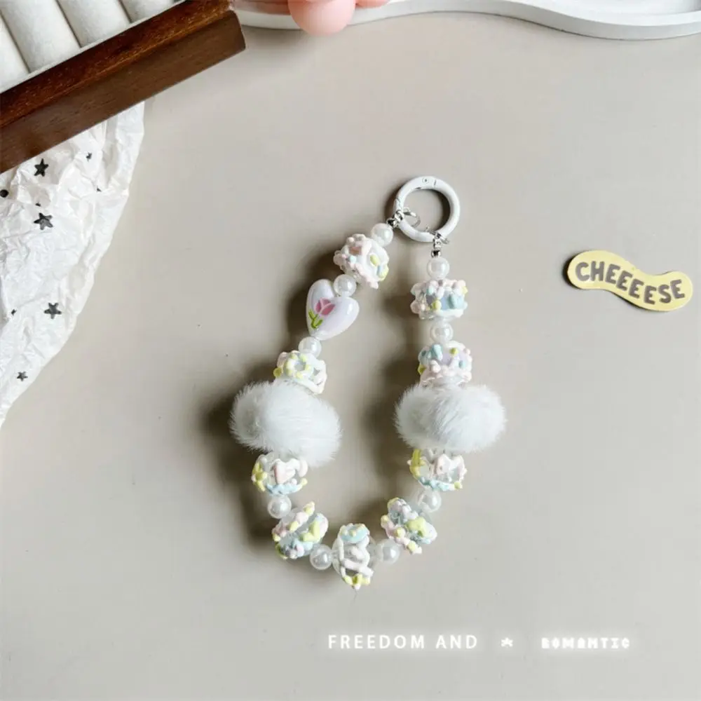 Fashion Plush Mobile Phone Strap Chain Beaded Bag Pendant Keychain Hand-painted Colorful Phone Lanyard