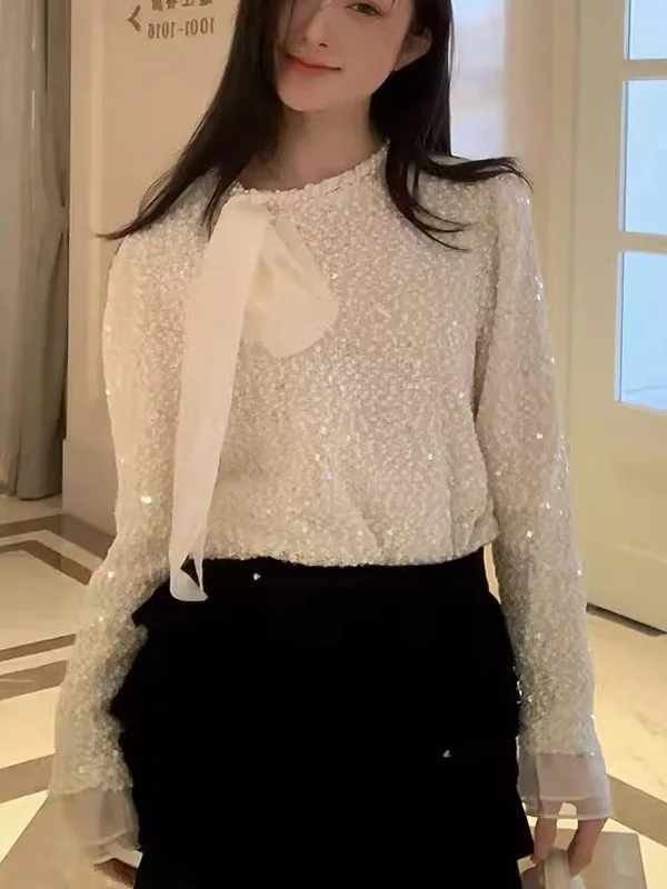 

iny Knot Long Sve женский irt весенний модный шифоновый топ Agel базового слоя модный корейский свободный крой