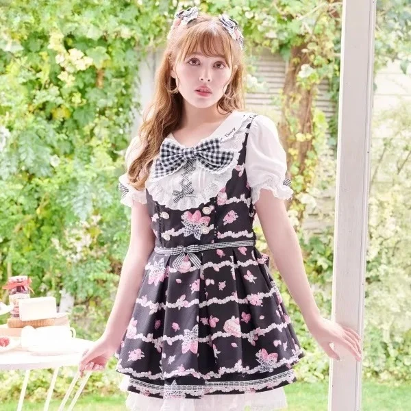 ฤดูร้อนของญี่ปุ่น Sweet Mine Series เอวสูงพิมพ์โบว์ฟองแขนสั้นชุดและกระโปรงด้านล่างชุดสองชิ้น