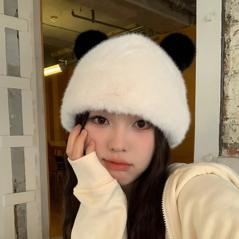 Cute Bear Ear Plush Hat Women Women Winter Warm Thick Beanies Cap Windproof Windproof Cap Fluffy Faux Fur Bucket Hat Earflap Hat