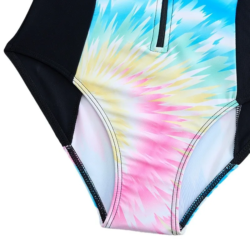 Long Sleeve Girls One Piece Swimsuit 7-12 Year Kids Swim Suit Teenage Children\'s Swimwear 2025 Patchwork Surf Bathing Suits Cap