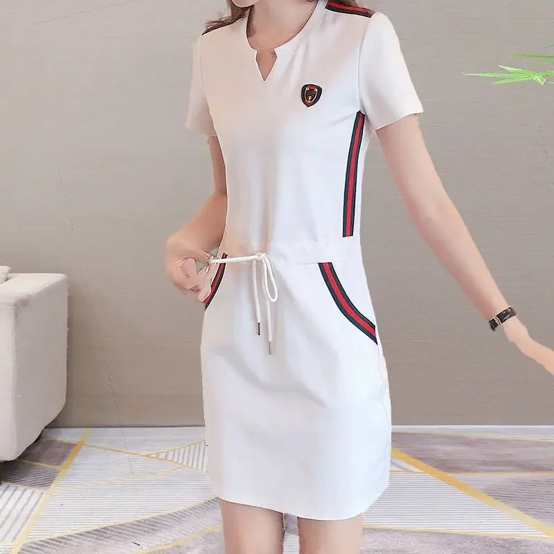 

Women Clothing Fashion Casual Commute Dress Summer Short Sleeve New V-neck Drawstring Dresses Chic Spliced Tunic