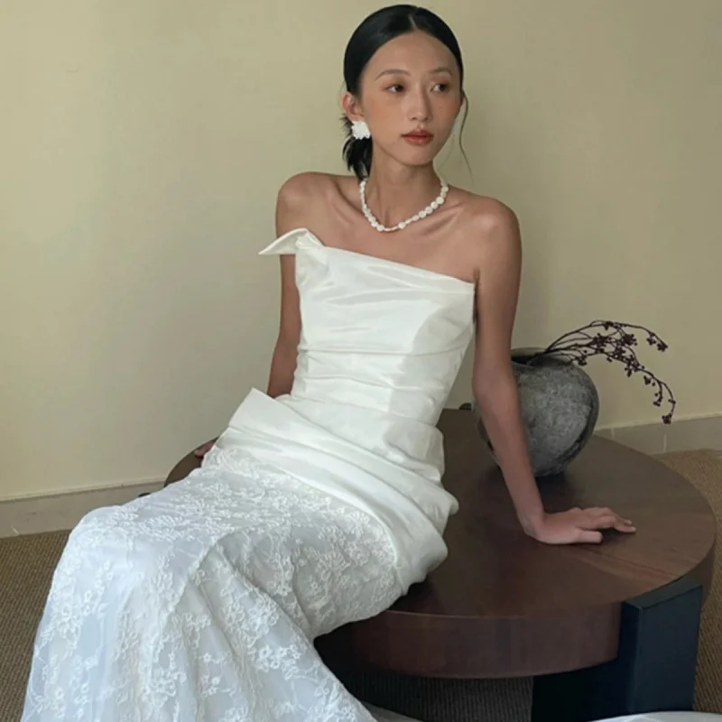 الفرنسية الرجعية الراقية الدانتيل حورية البحر الساتان فستان الزفاف الخفيف في الهواء الطلق ثوب الغابات نمط فستان قطار صغير