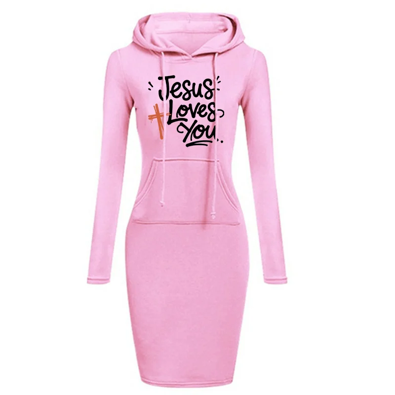 เสื้อสเวตเตอร์เดรสยาวพิมพ์ลายพระเยซูรักคุณ รุ่นครอสซีรีส์ ลายลำลอง มีฮู้ด ทรงเข้ารูป