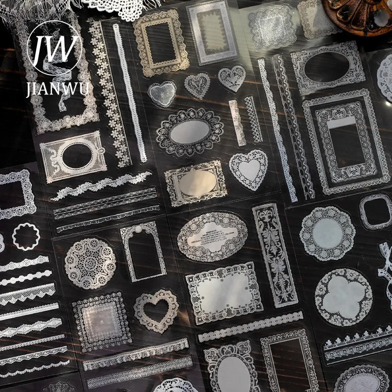 

JIANWU Vintage Lace Hollow Border Label Landscape Material Collage Scrapbooking PET Sticker Creative DIY Journal Stationery