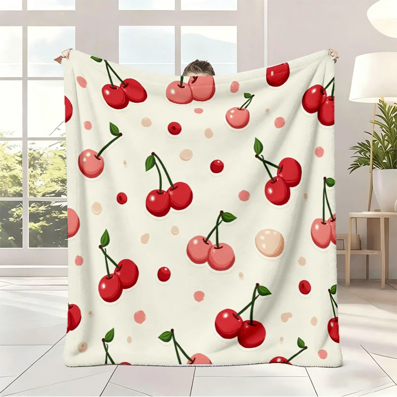 Sweet Cherry Bowknot Throw Blanket Pink Heart Print Bed Blanket Soft Warm Fleecy Sofa Couch Aesthetic Room Decoration