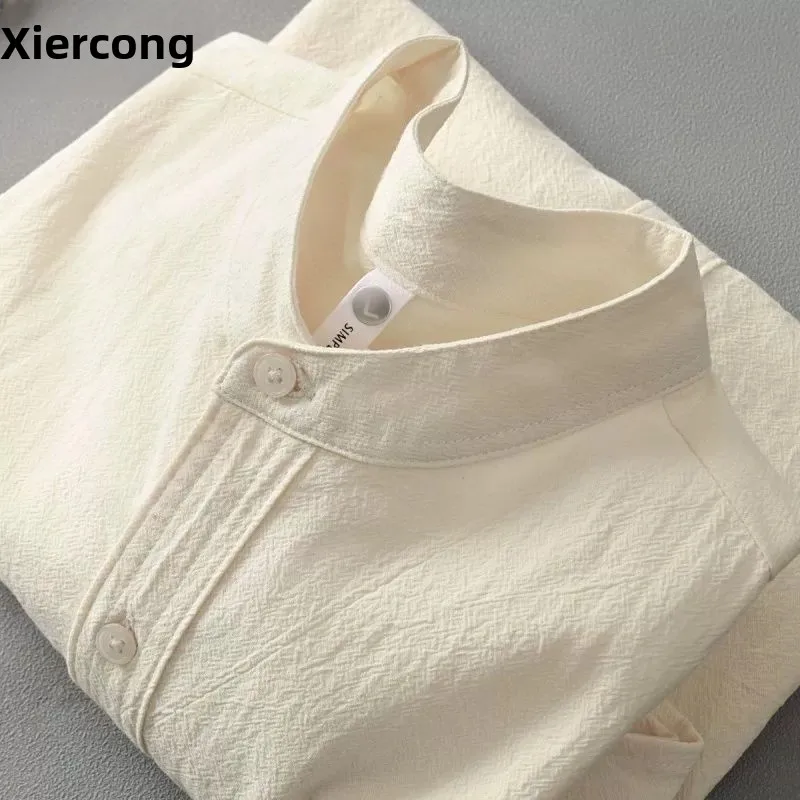 

Men's Cotton Linen Shirt Short Sleeve Henry Collar round Neck Five Sleeve T-shirt Textured Feeling Loose Fit Summer Fashion
